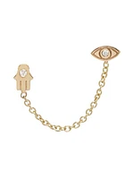 14K Yellow Gold & Diamond Itty Bitty Evil Eye & Hamsa Double Hole Linked Earring