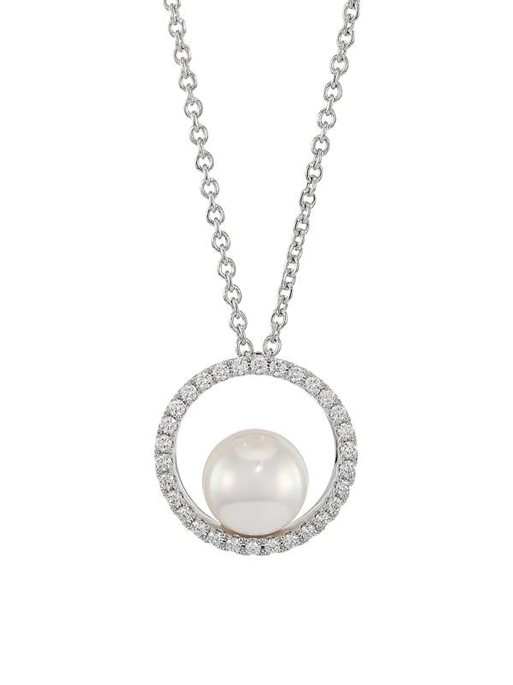 Japan 18K White Gold, 7MM White Cultured Akoya Pearl & Diamond Pendant Necklace