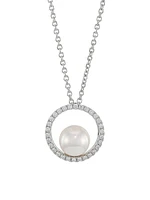 Japan 18K White Gold, 7MM White Cultured Akoya Pearl & Diamond Pendant Necklace