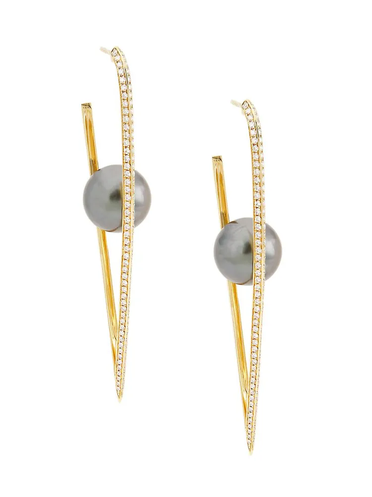 18K Yellow Gold, Tahitian Pearl, & 1.8 TCW Diamond V-Shaped Earrings