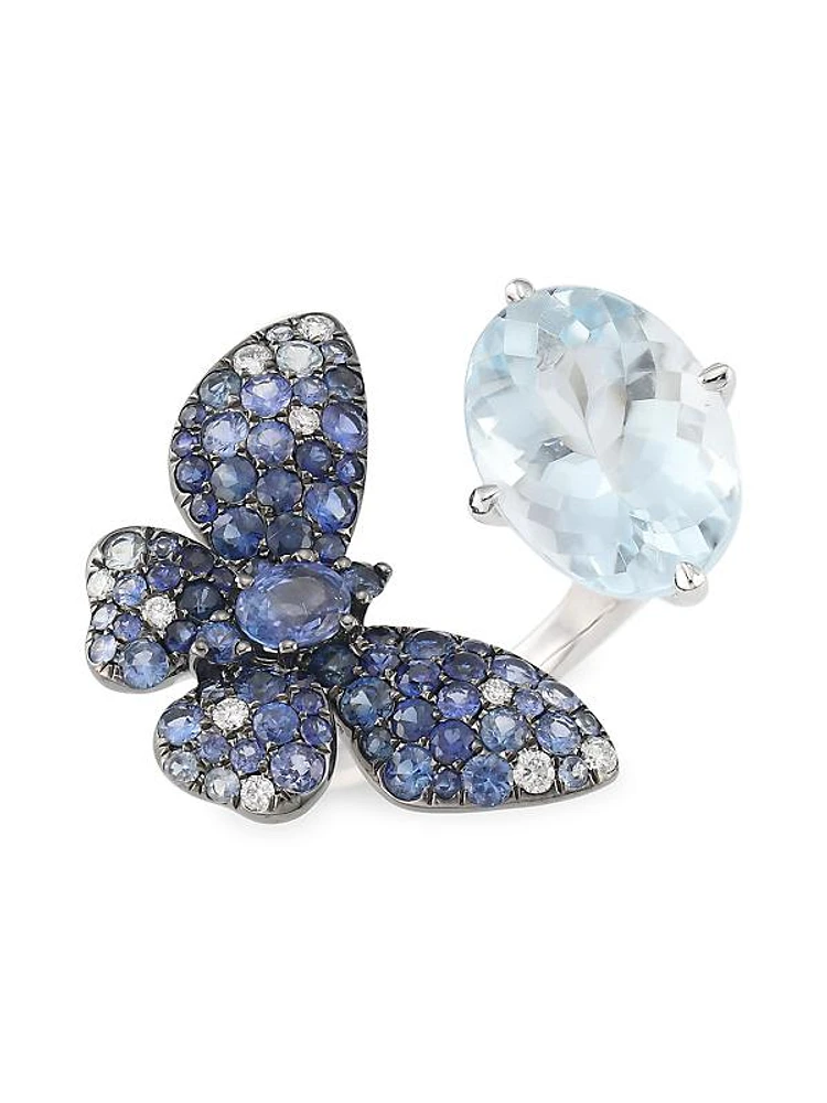 Butterfly 18K White Gold, Aquamarine, Blue Sapphire & White Diamond Ring