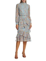 Isa Ruffled Silk Georgette Teardrop Print Dress