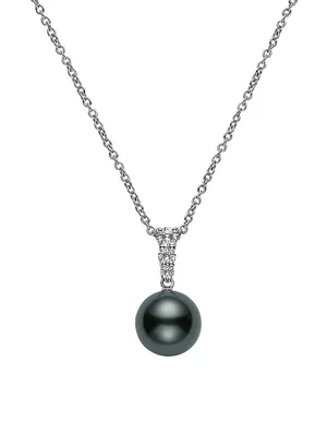 Morning Dew 18K White Gold, 10MM Black Cultured South Sea Pearl & Diamond Pendant Necklace