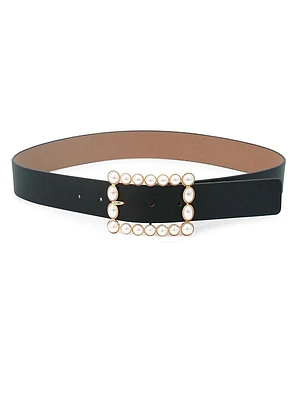 Joan Faux Pearl-Embellished Leather Belt