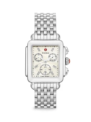 Deco Stainless Steel, Mother-Of-Pearl & 0.05 TCW Diamond Chronograph Watch/33MM x 35MM