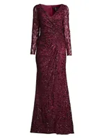 Illusion Damask Embroidered Sequin Column Gown