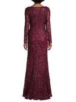 Illusion Damask Embroidered Sequin Column Gown