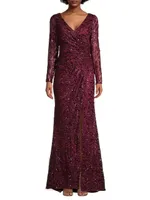 Illusion Damask Embroidered Sequin Column Gown