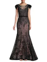 Velvet Floral Applique Mermaid Gown