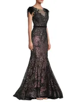 Velvet Floral Applique Mermaid Gown