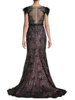 Velvet Floral Applique Mermaid Gown