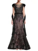 Velvet Floral Applique Mermaid Gown