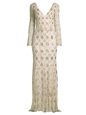 Lattice Sequin Long-Sleeve Gown