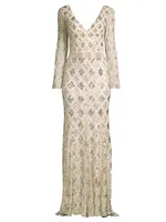 Lattice Sequin Long-Sleeve Gown