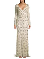 Lattice Sequin Long-Sleeve Gown