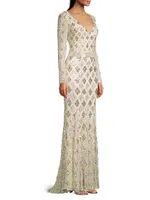 Lattice Sequin Long-Sleeve Gown