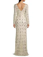 Lattice Sequin Long-Sleeve Gown