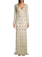 Lattice Sequin Long-Sleeve Gown