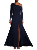 One-Shoulder Jersey Ruched Side Slit Gown