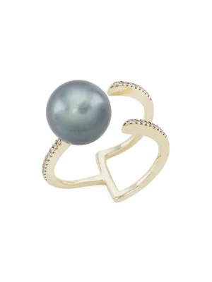 Scatter Claw 18K Gold, 0.09 TCW Diamond & Tahitian Pearl Ring