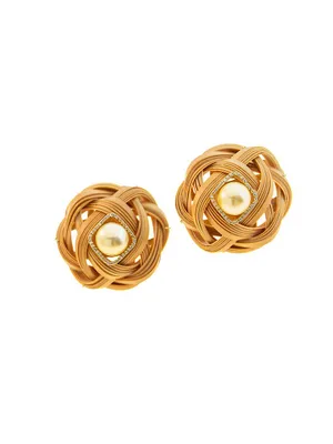 Bamboo 18K Yellow Gold, 12MM Golden Pearl, Diamond & Yellow Sapphire Woven Bamboo Earrings