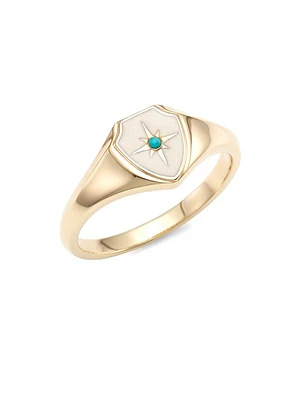 14K Yellow Gold, Enamel & Turquoise Starburst Crest Signet Ring