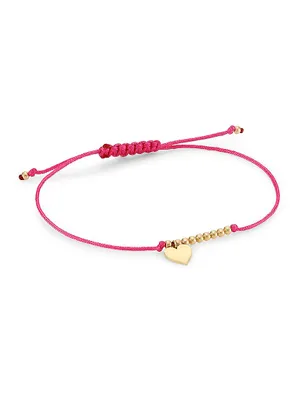 14K Yellow Gold & Heart Charm Pink Cord Bracelet
