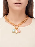 22K Goldplated, 11MM Oval Pearl, Amazonite & Pink Quartz Charm Necklace