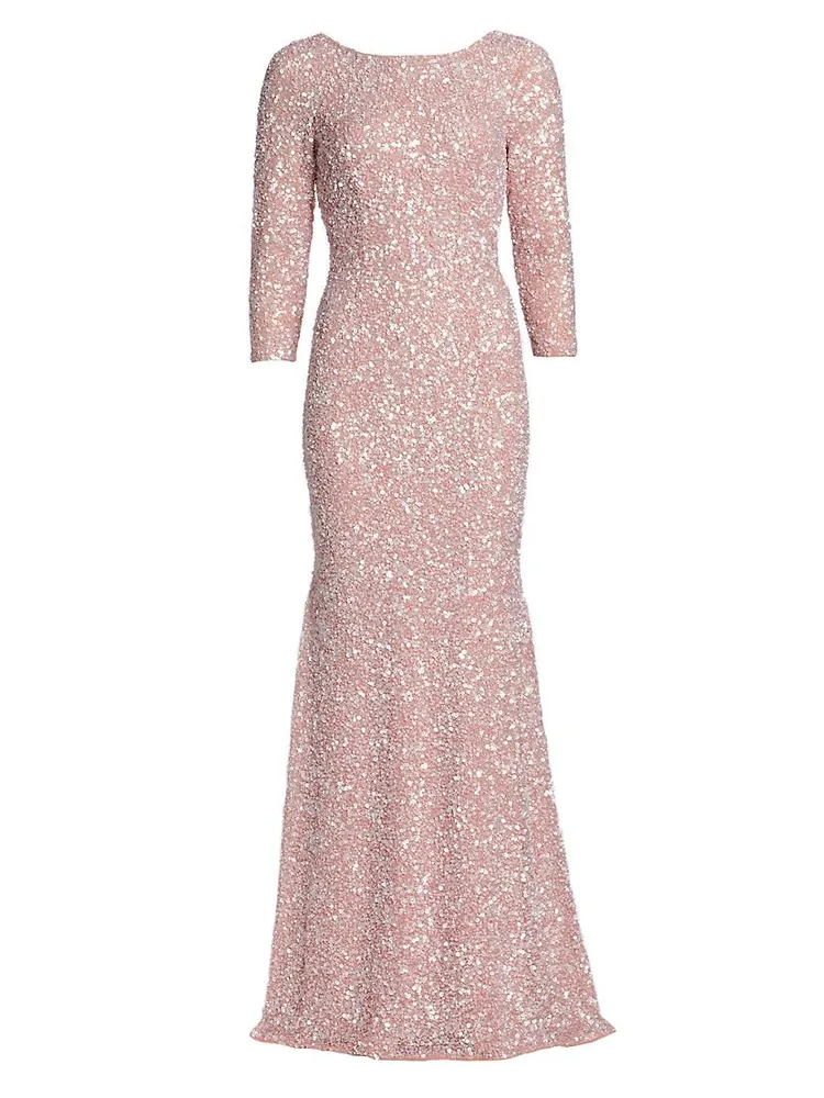 Three-Quarter Sleeve Sequin Sheath Gown