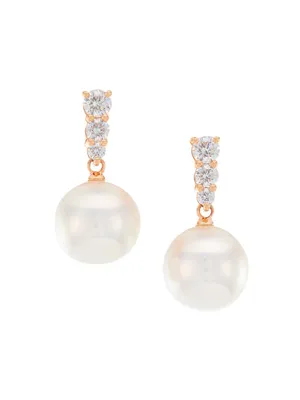 Morning Dew 18K Rose Gold, 10MM White Cultured Pearl & Diamond Drop Earrings
