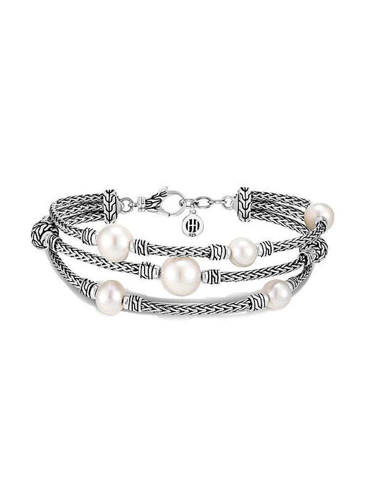 Classic Chain Silver & 7-10MM Pearl Triple Row Bracelet