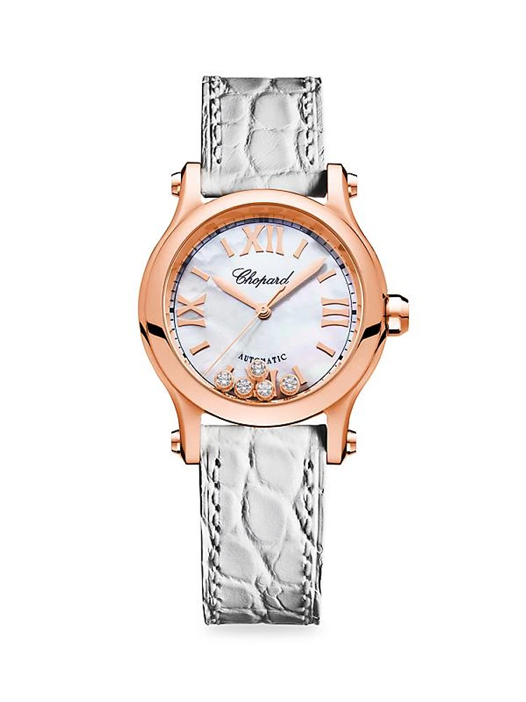 Happy Sport 18K Rose Gold, Diamond & Alligator Strap Watch