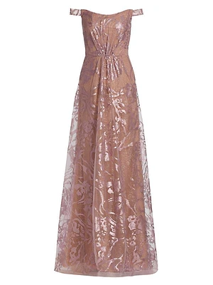 Embroidered Off-The-Shoulder Gown