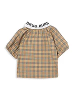 Baby Girl's & Little Girl's Logo Puff-Sleeve Check Blouse