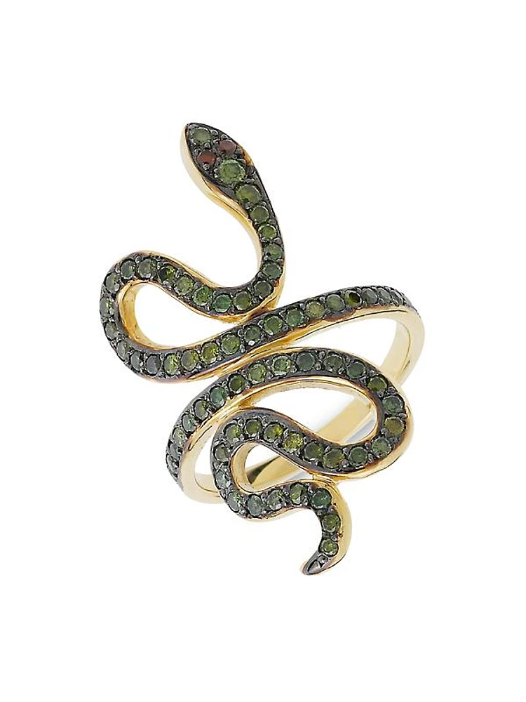 Slither Snake 18K Yellow Gold, Green Diamond & Burgundy Diamond Ring