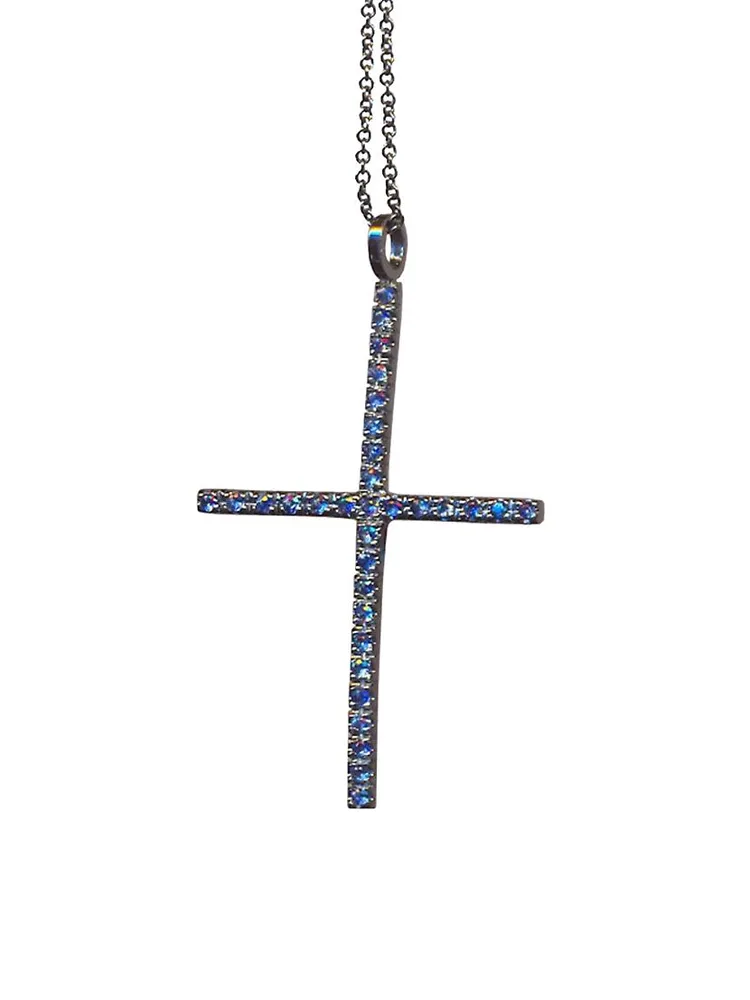 18K White Gold & Blue Sapphire Cross Pendant