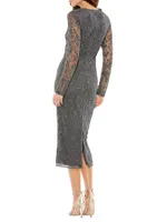 Floral Beaded Long Sleeve Sheath Dress