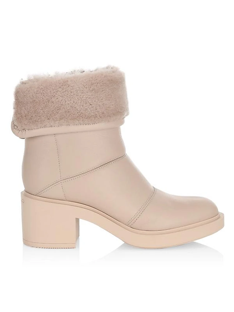 Shearling-Trim Leather Ankle Boots