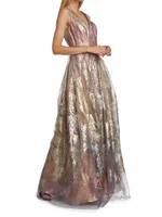 Feather Jacquard Fit-&-Flare Gown