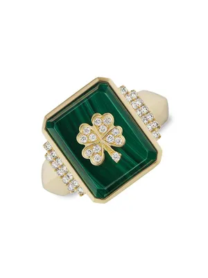 18K Yellow Gold, Malachite & Diamond Clover Signet Ring