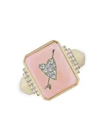 18K Yellow Gold, Pink Opal & Diamond Heart Arrow Signet Ring