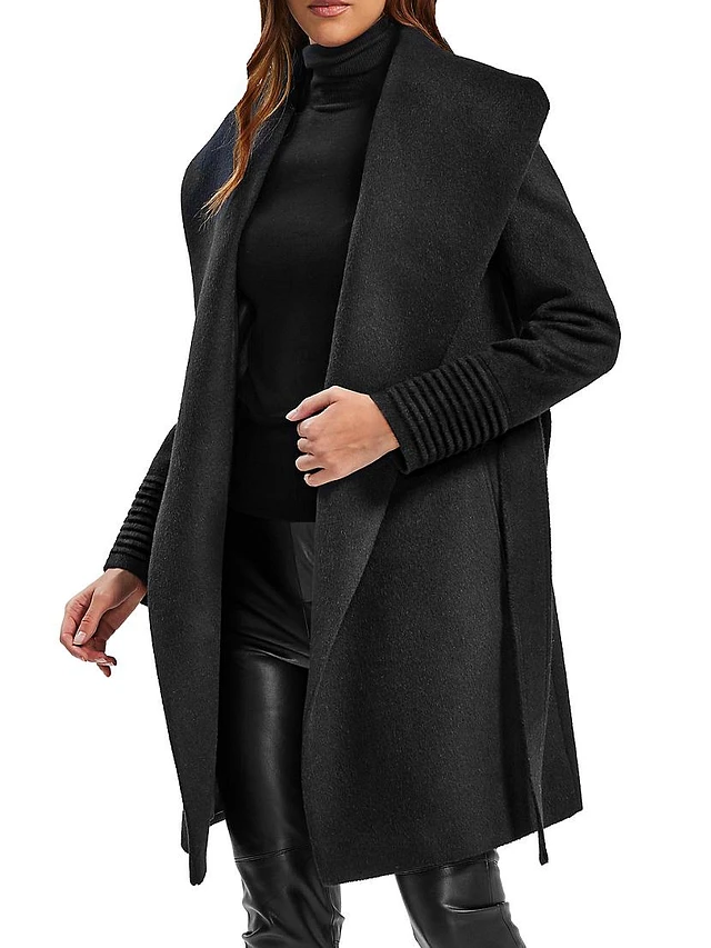 Womens Long Black Wool Coat with Red Detailing and Shawl Collar 1106# Womens Long Black Wool Coat with Red Detailing and Shawl Collar 1106#
