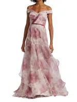 Floral Organza Off-The-Shoulder Gown