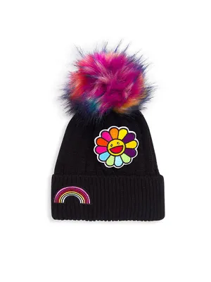 Girl's Knit Embellished Faux Fur Pom-Pom Beanie