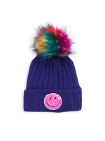 Girl's Knit Embellished Faux Fur Pom-Pom Beanie