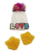 Girl's 2-Piece Pom-Pom Beanie & Fingerless Faux Fur Mittens Set