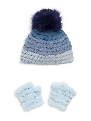 ONLY AT SAKS. Girl's 2-Piece Faux Fur Striped Hat & Mittens Set