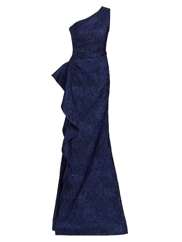 Metallic Jacquard One-Shoulder Gown