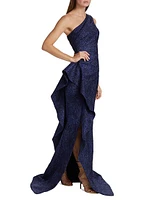 Metallic Jacquard One-Shoulder Gown