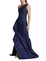 Metallic Jacquard One-Shoulder Gown
